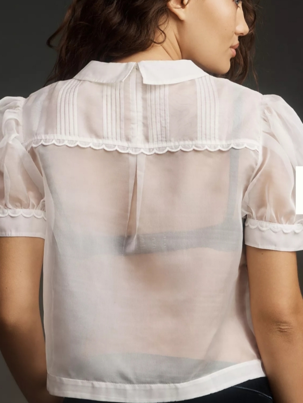 Sheer Short Puff-Sleeve Scallop Trim Blouse Peter Pan Collar Maeve Anthropologie - Picture 10 of 13